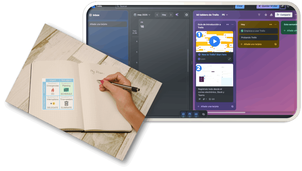 Persona planificando en una libreta con la matriz de Eisenhower junto a una vista de tablero Trello en una laptop.