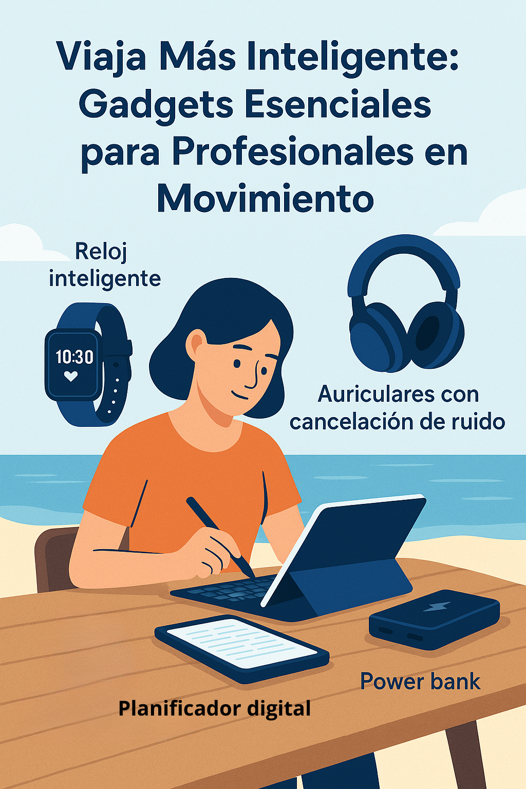 Infografía con gadgets esenciales para nómadas digitales que mejoran la productividad durante los viajes.