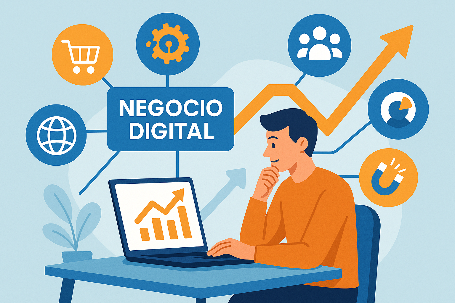 Ilustración de un emprendedor digital frente a una laptop, con íconos de tienda online, automatización, marketing y redes sociales flotando a su alrededor.