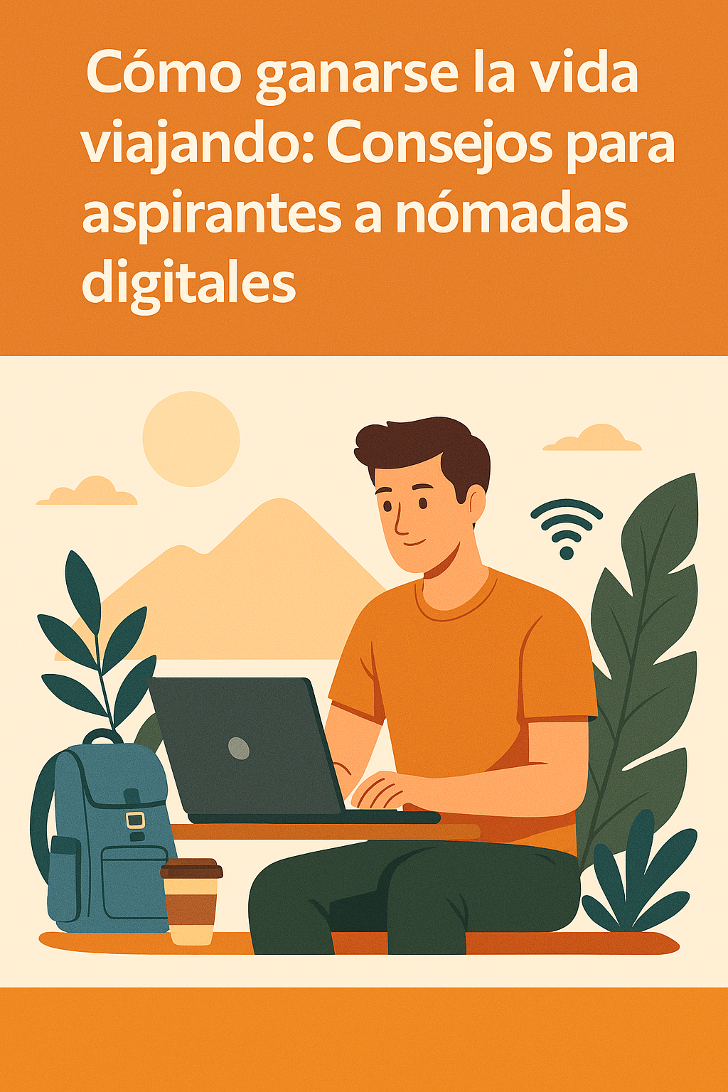 Joven nómada digital trabajando con su laptop en un entorno natural al aire libre.