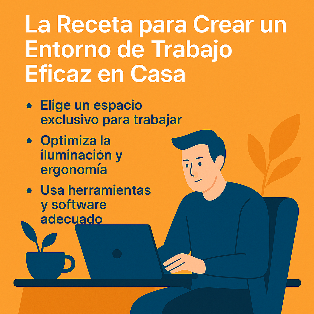 Ilustración de un espacio de trabajo en casa, ordenado y ergonómico, ideal para trabajar de forma eficiente.