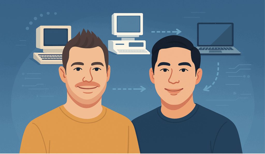 Ilustración representativa de los fundadores de Wealthy Affiliate con fondo tecnológico.