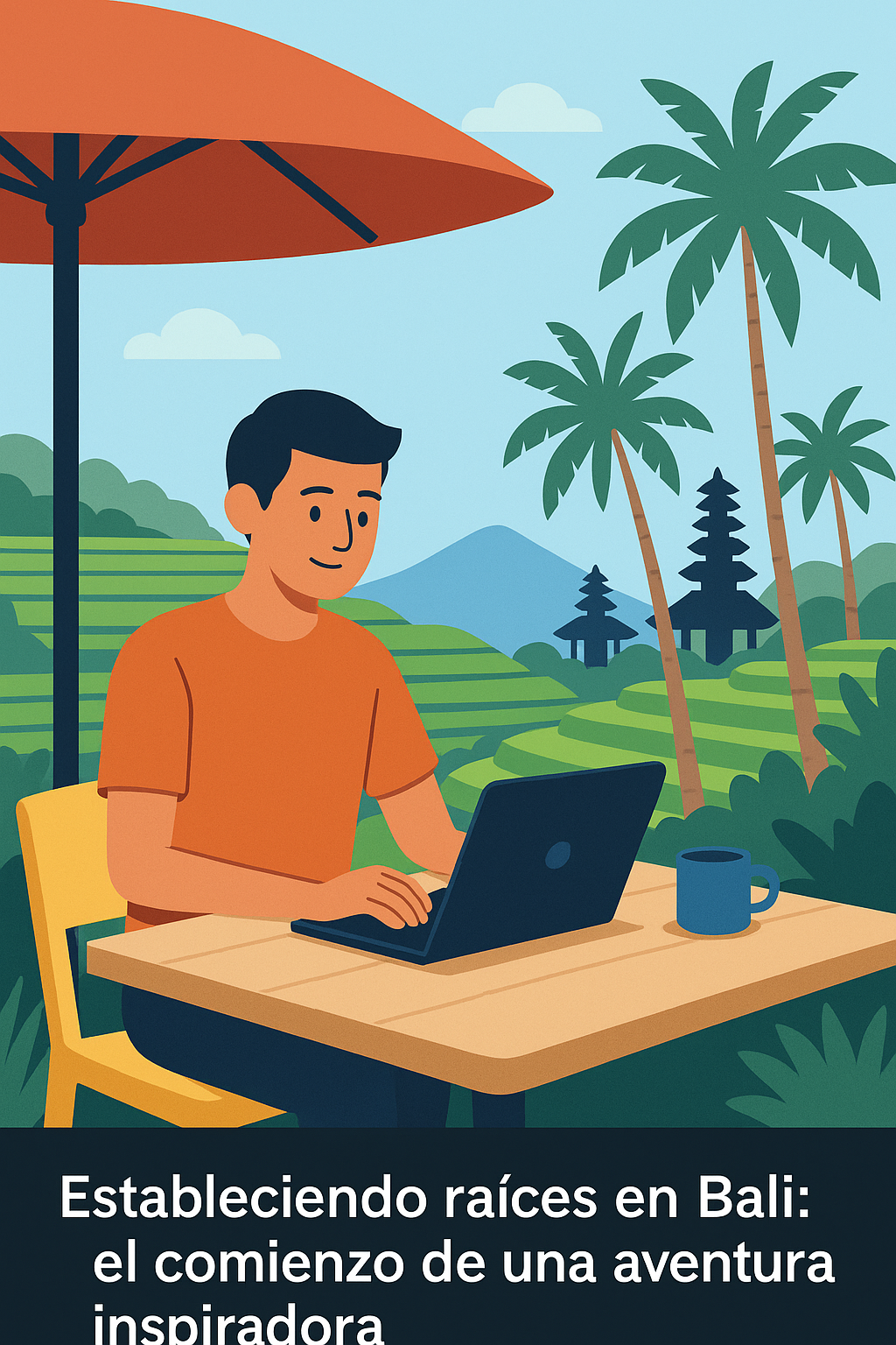 Ilustración plana de un nómada digital trabajando desde un coworking tropical en Bali rodeado de vegetación, conectando con otros profesionales remotos.