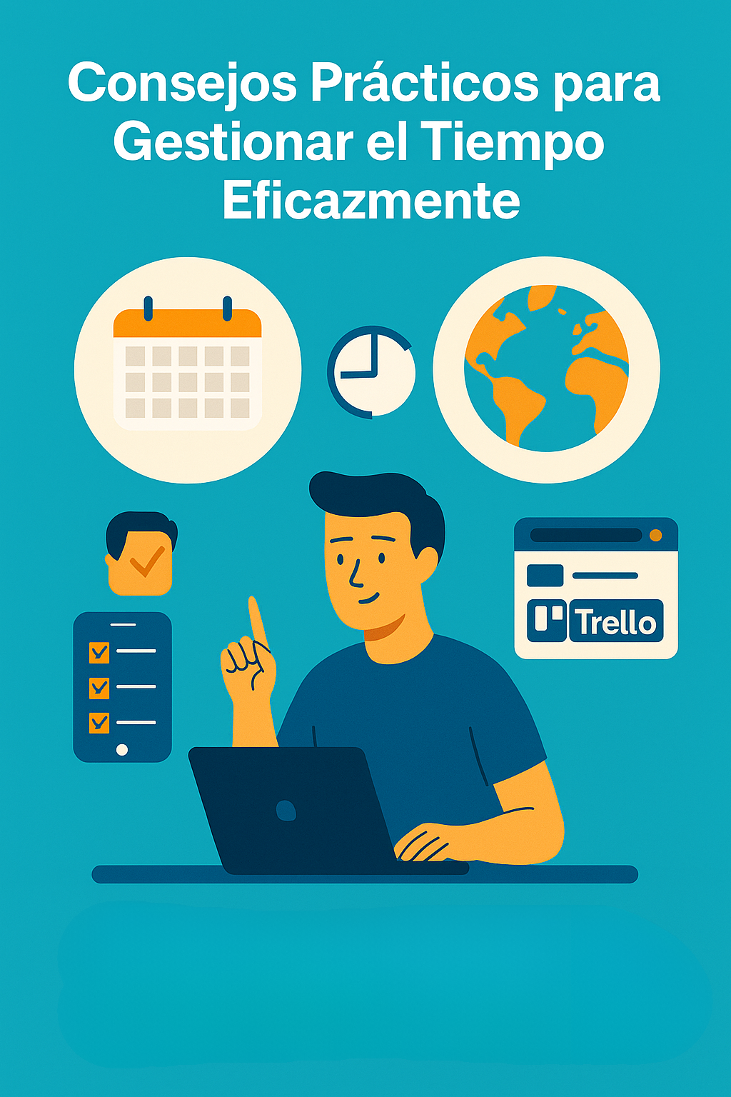 Ilustración digital estilo flat que muestra herramientas de gestión del tiempo para nómadas digitales, incluyendo calendario, reloj, laptop y elementos visuales de organización.