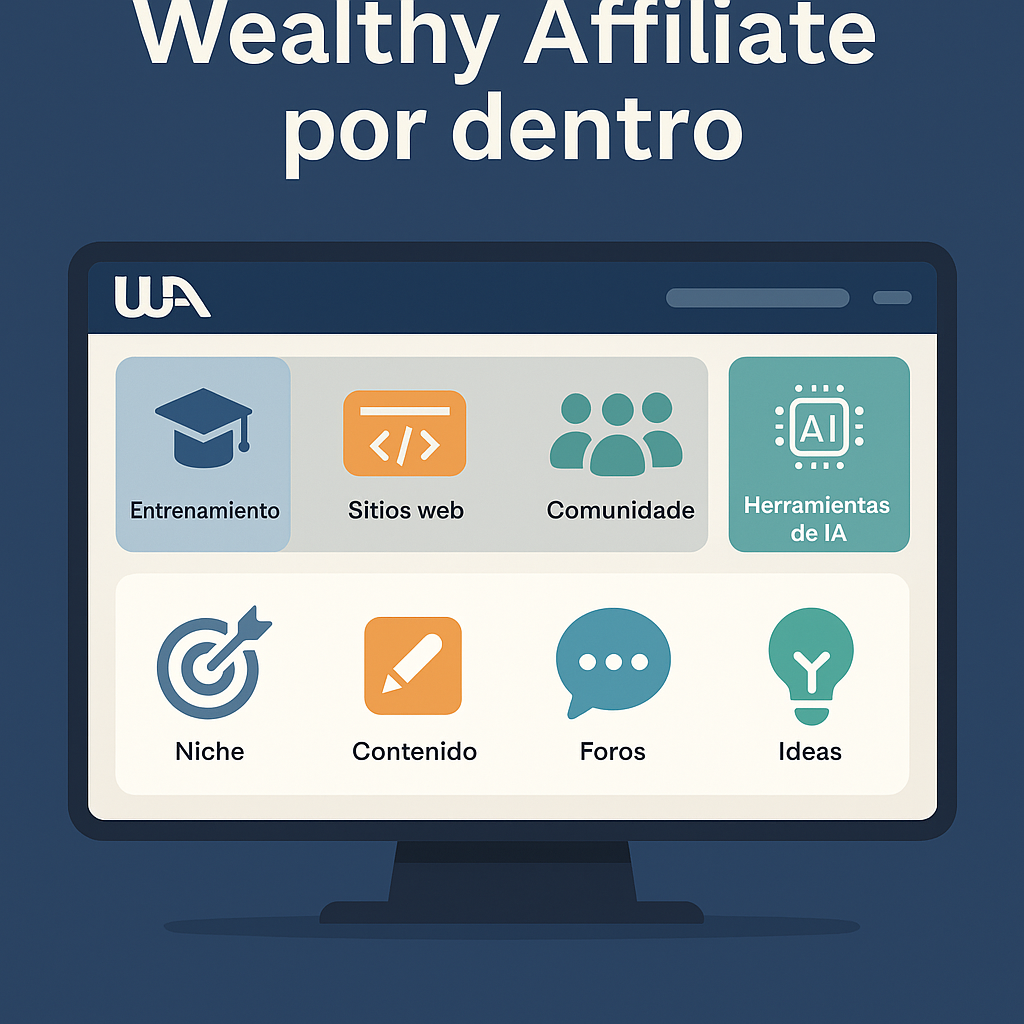 Ilustración del panel de Wealthy Affiliate con pestañas de entrenamiento, sitios web, comunidad y herramientas de IA.