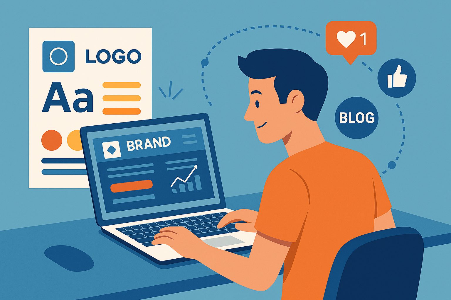 Diseñador digital creando una marca online con logotipo, redes sociales y sitio web en pantalla.