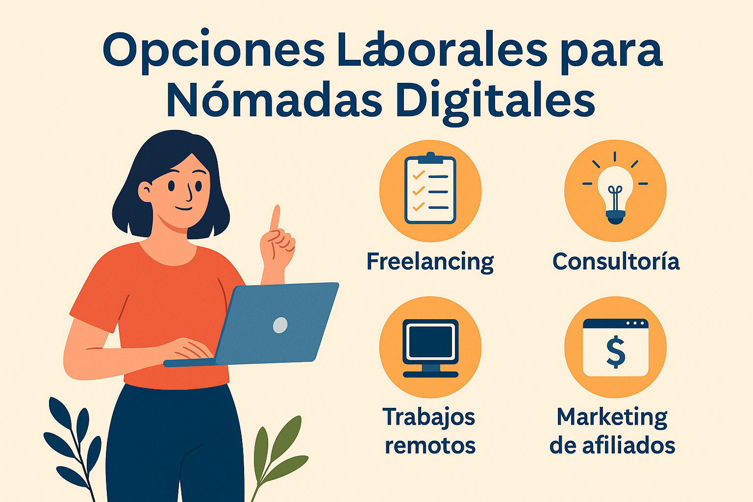 Infografía con opciones laborales para nómadas digitales: freelancing, consultoría, trabajos remotos y marketing de afiliados.