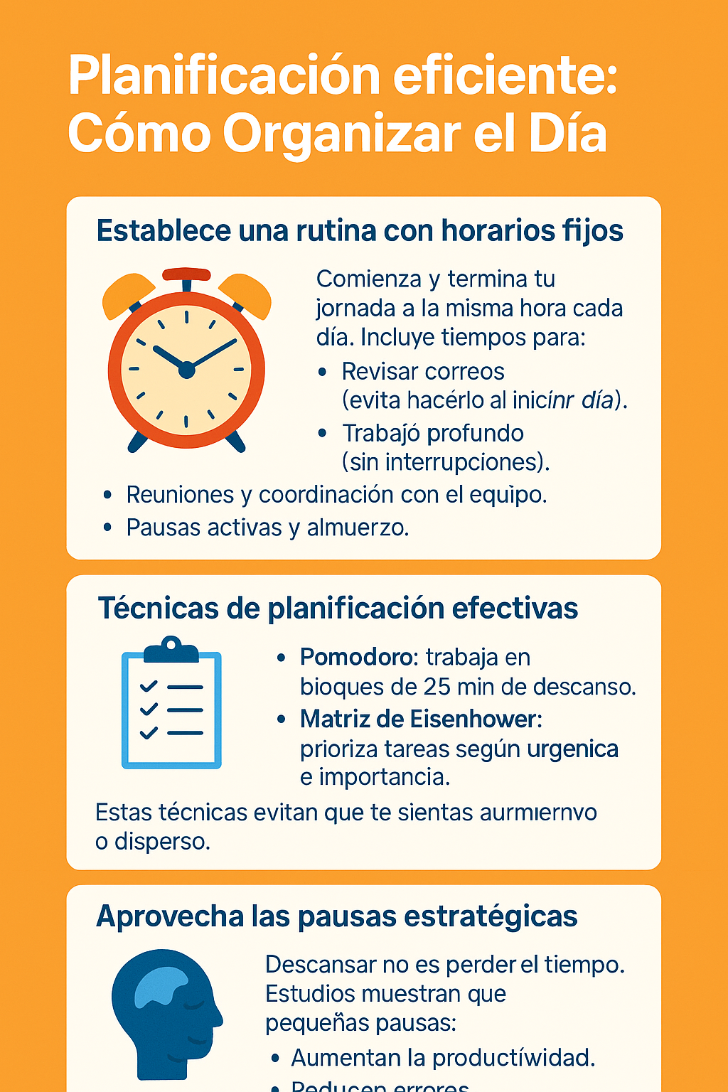 Infografía en español que presenta estrategias visuales para organizar el día de trabajo desde casa, incluyendo técnicas como Pomodoro, bloques de tiempo, rutinas diarias y pausas activas.