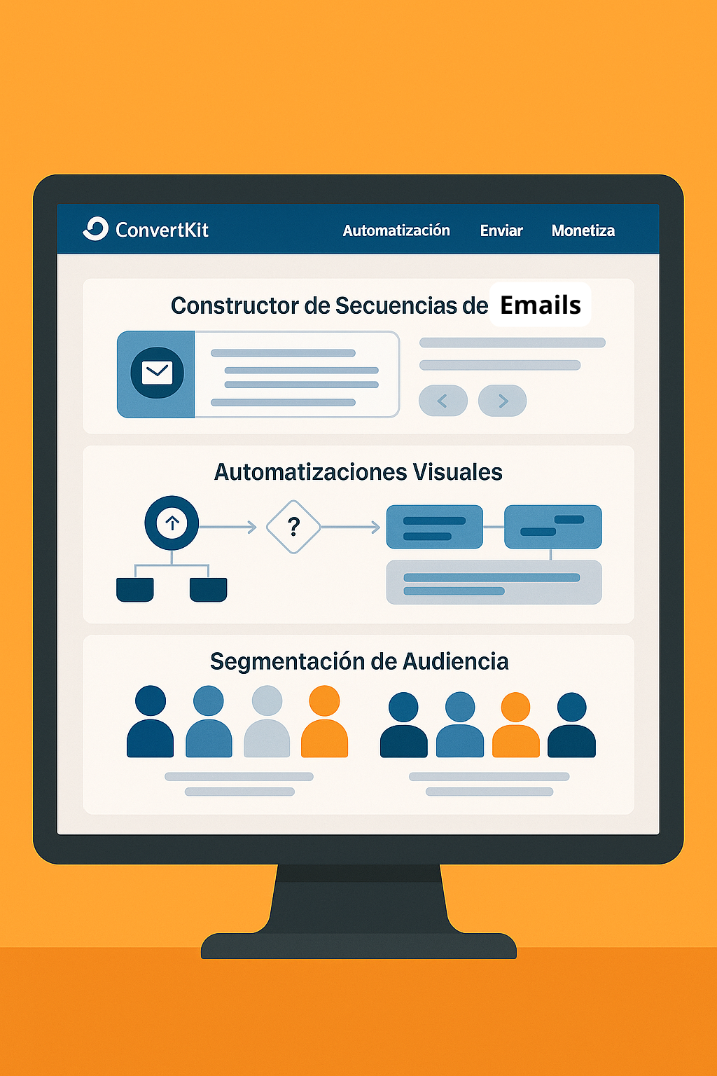 Mockup ilustrado del dashboard de ConvertKit con constructor de correos, automatizaciones y herramientas de segmentación