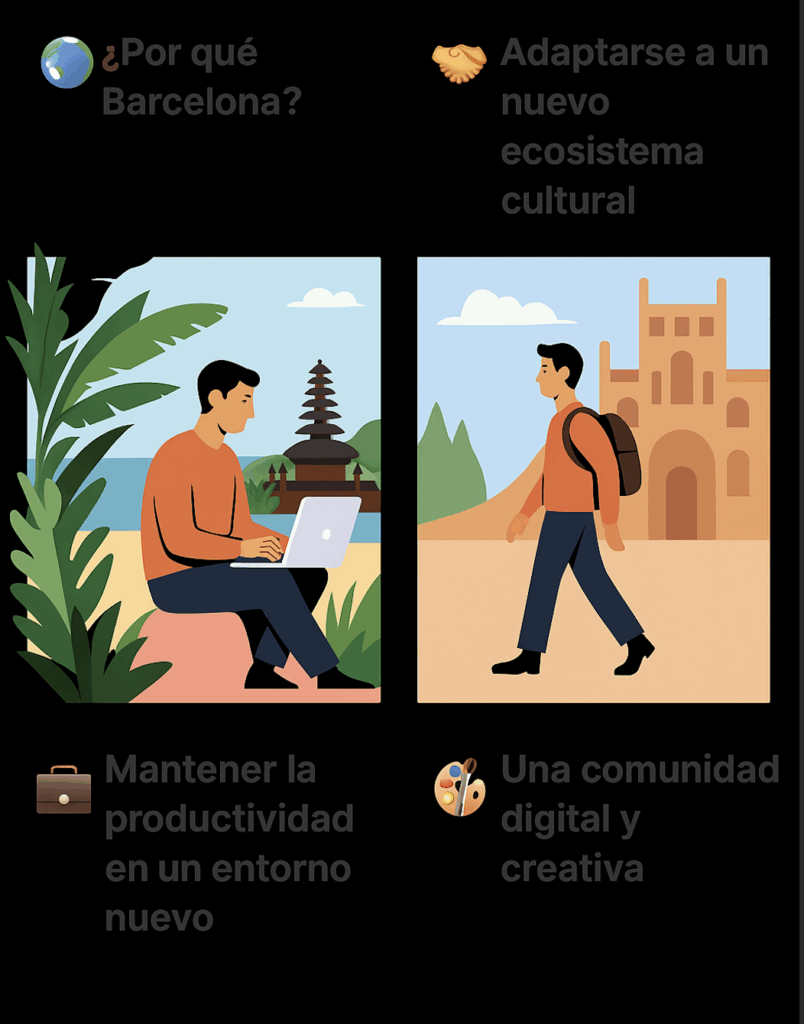 Ilustración estilo flat que representa la transición de un nómada digital desde Bali hacia Barcelona, mostrando diferencias culturales, entornos de trabajo y comunidad creativa.