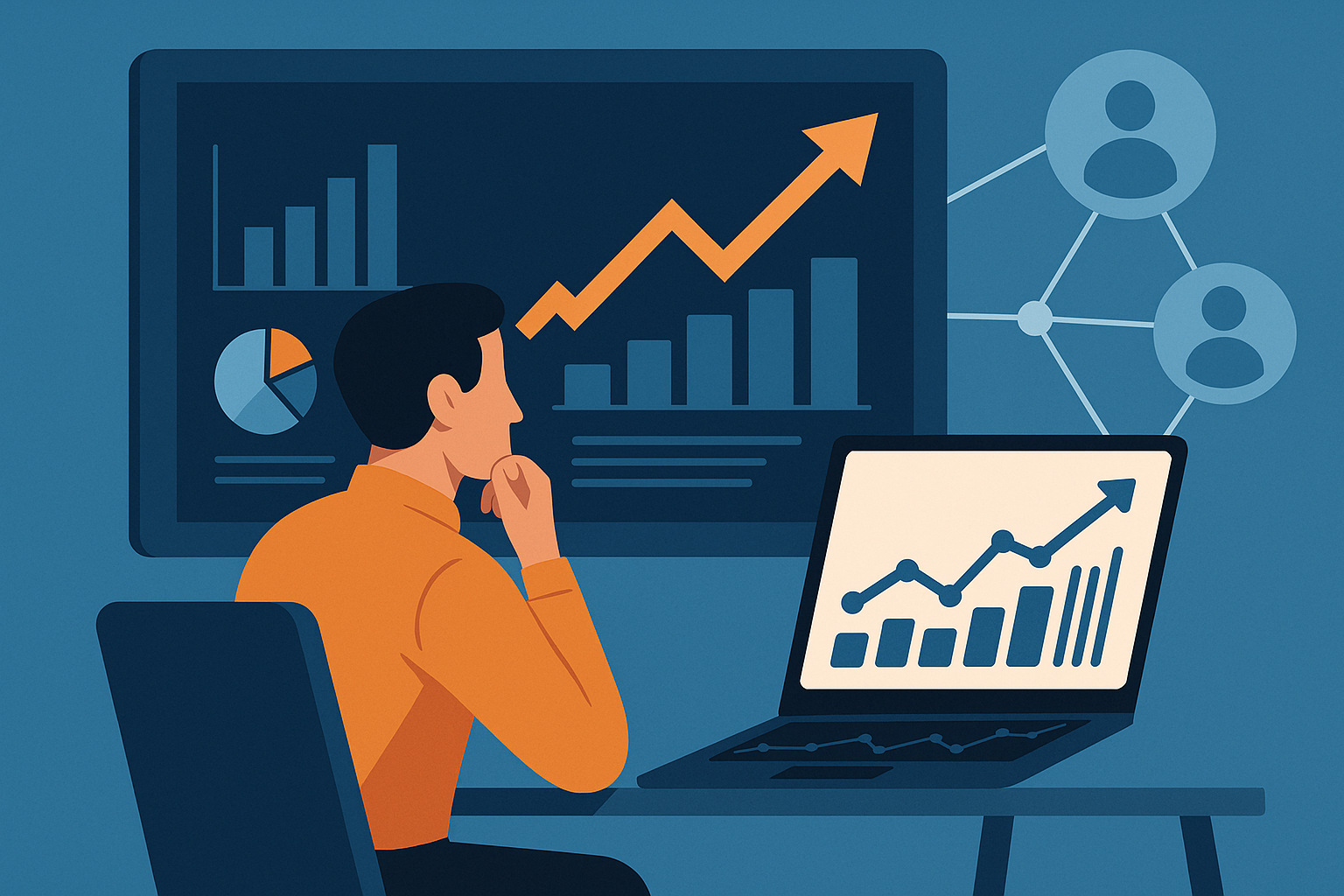 Emprendedor analizando métricas de crecimiento digital con gráficos ascendentes, paneles de datos y conexiones de colaboración.