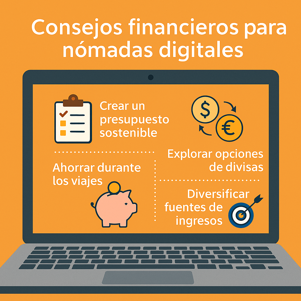 Infografía con consejos financieros para nómadas digitales: presupuesto, ahorro, divisas y diversificación de ingresos.