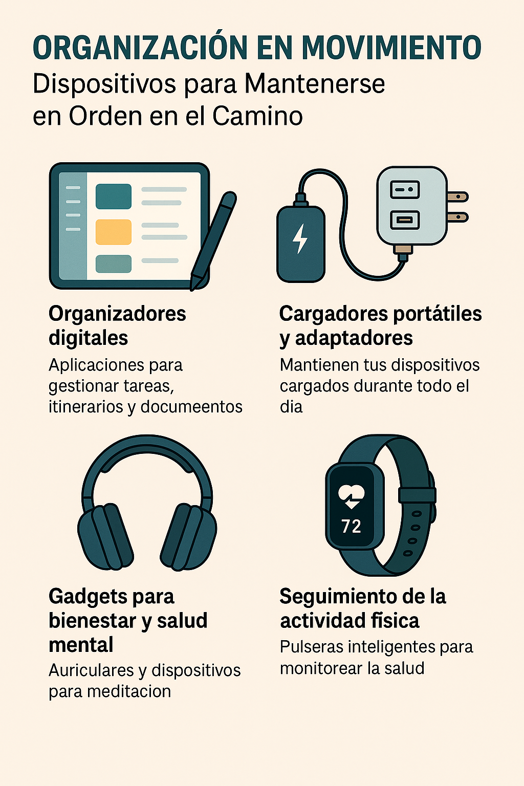 Infografía ilustrada en español que presenta dispositivos esenciales para mantener el orden y el bienestar durante viajes de trabajo, incluyendo organizadores digitales, cargadores portátiles, auriculares para meditación y pulseras inteligentes.