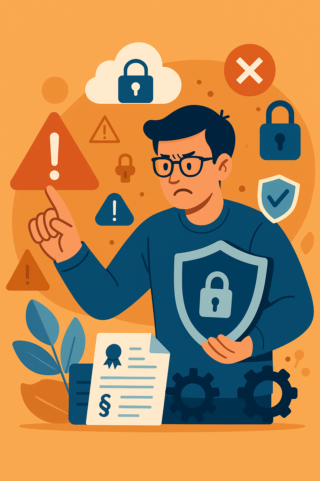 Emprendedor digital enfrentando obstáculos con íconos de advertencia, seguridad, documentos legales y tecnología.