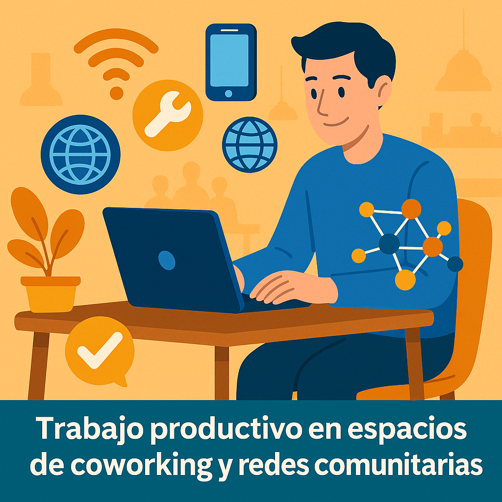 Nómada digital trabajando desde un espacio de coworking con conexión estable y herramientas tecnológicas.