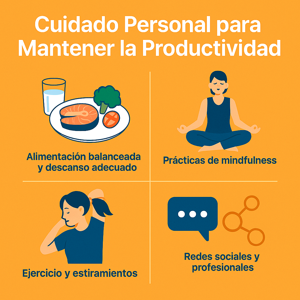 Ilustración plana en español que muestra prácticas de autocuidado para mantener la productividad trabajando desde casa: alimentación saludable, ejercicio, descanso adecuado y conexión social.
