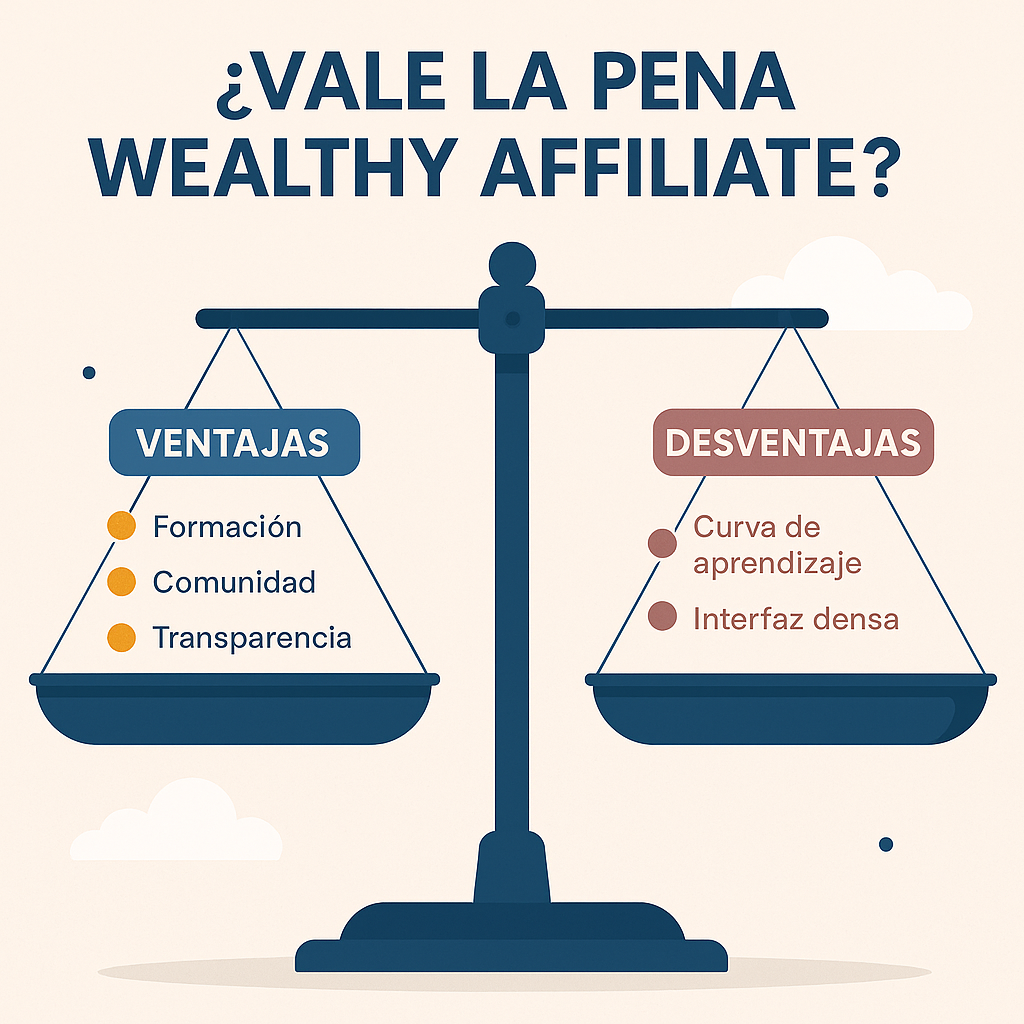 Balanza digital con ventajas y desventajas de Wealthy Affiliate representadas visualmente.