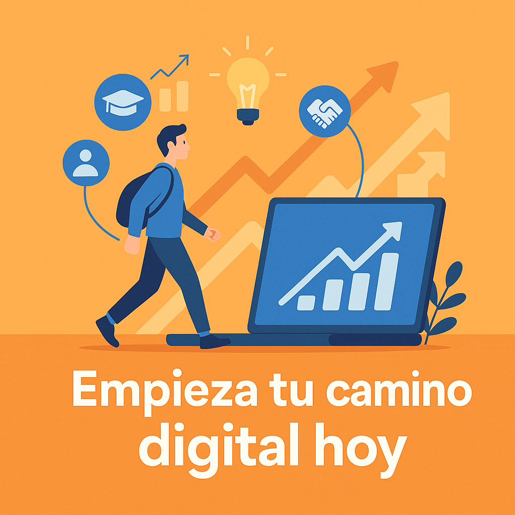Persona caminando hacia una laptop con íconos de crecimiento y la frase “Empieza tu camino digital hoy”.