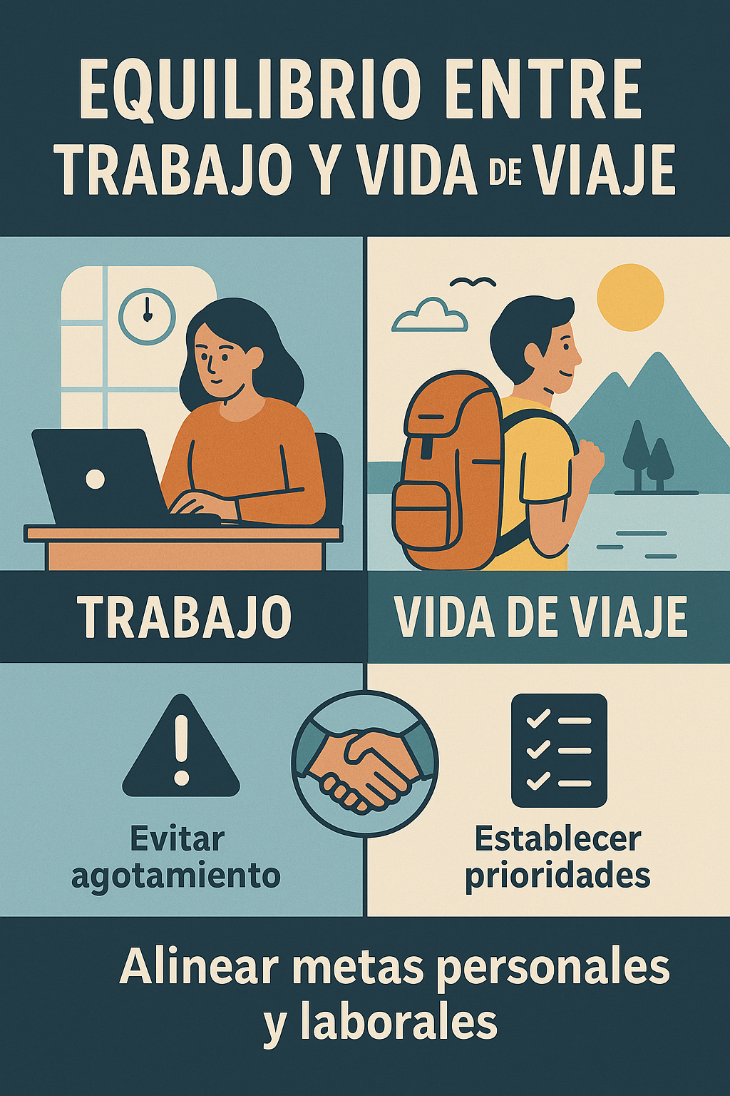 Ilustración digital que representa a un nómada digital organizando su jornada de trabajo y viajes para mantener un equilibrio saludable.