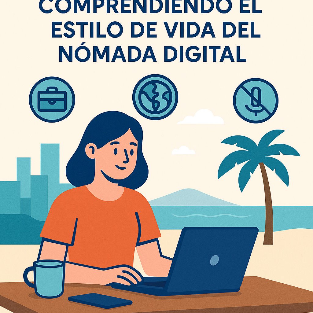 Ilustración plana de un joven nómada digital trabajando en su laptop mientras viaja por el mundo.