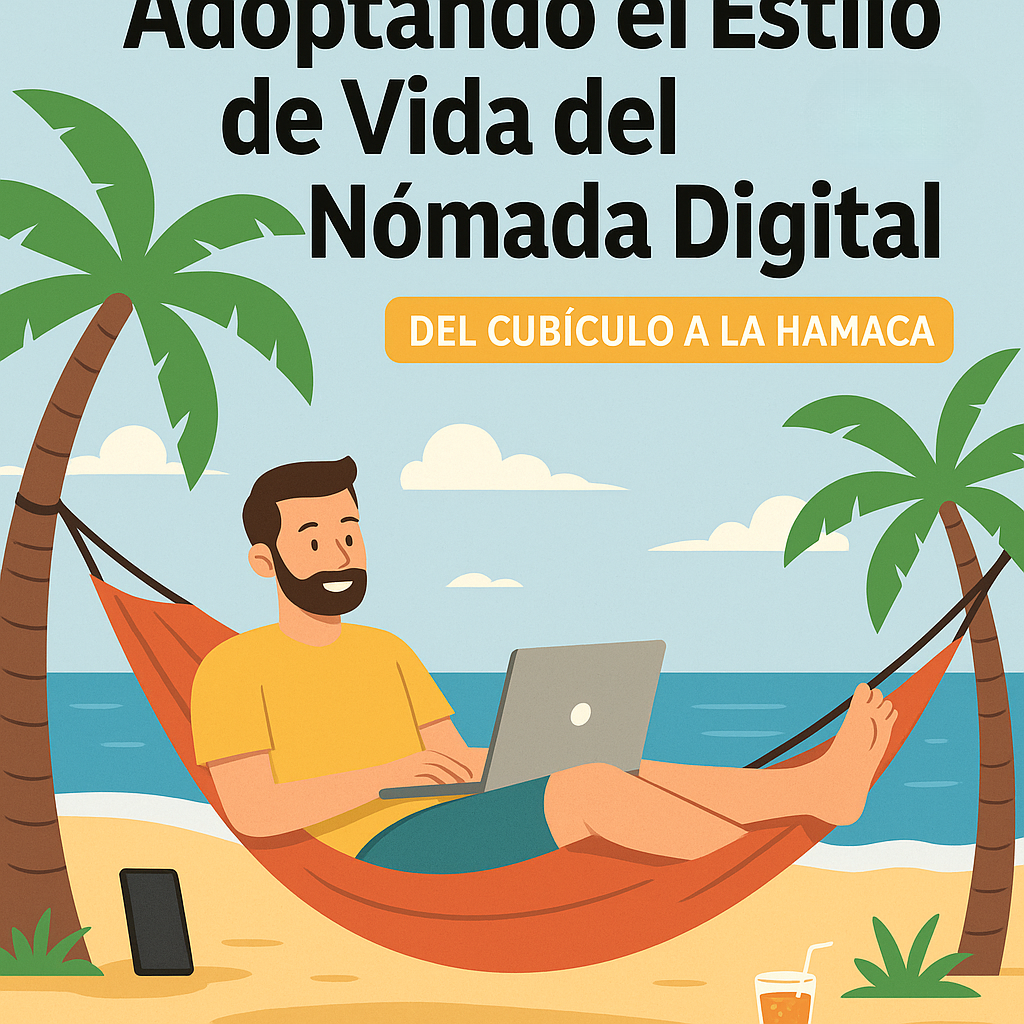 Ilustración de un nómada digital trabajando desde una hamaca con laptop y fondo tropical.