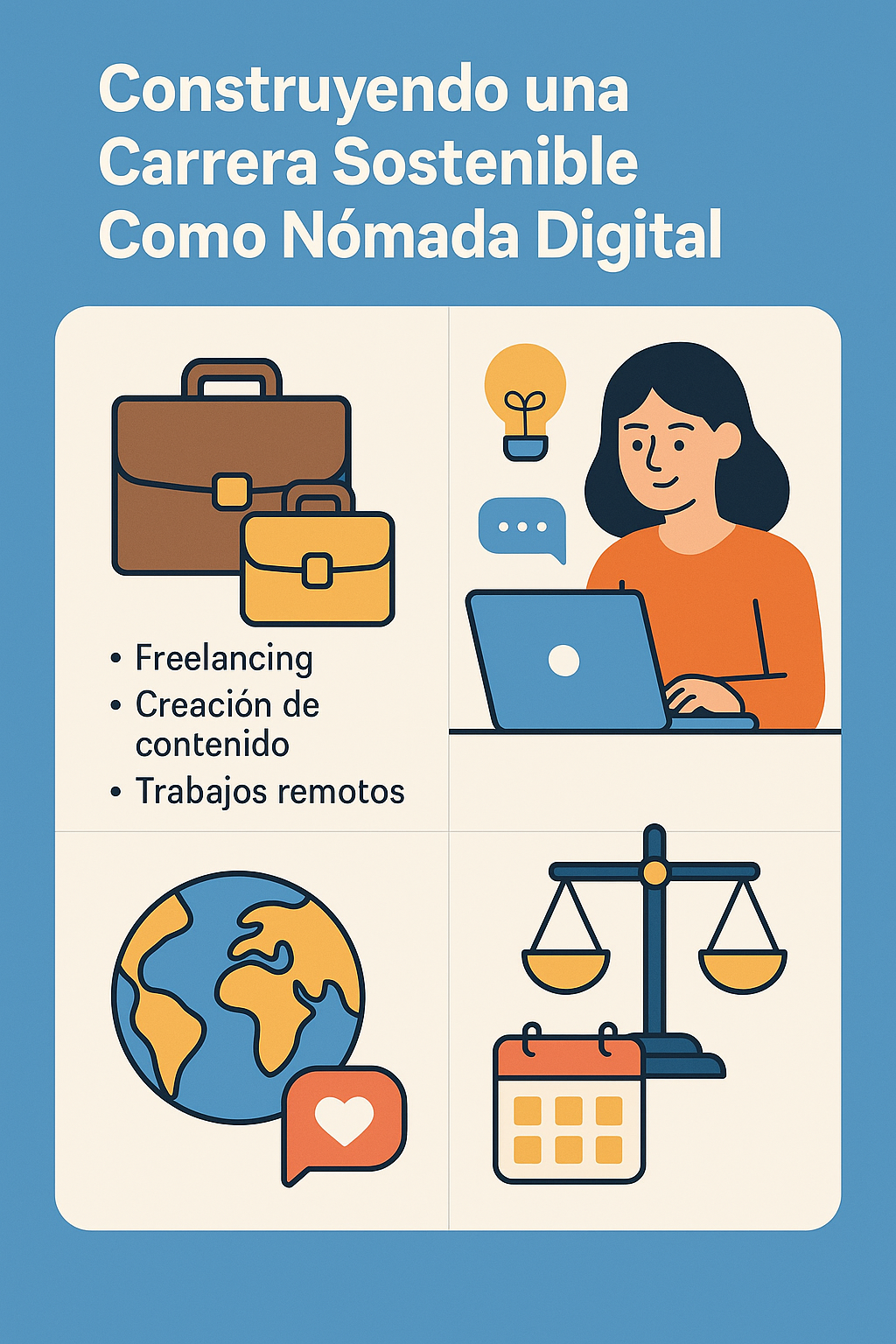 Ilustración de un nómada digital trabajando en una laptop, con íconos que representan trabajo freelance, networking, equilibrio vida-trabajo y comunidades globales.