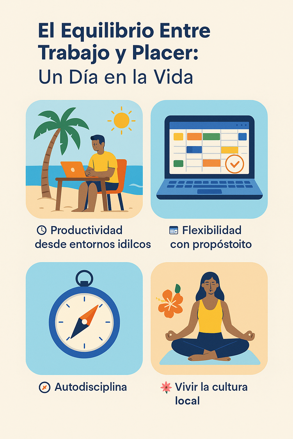 Infografía que ilustra cómo equilibrar el trabajo y el placer en la vida de un nómada digital.