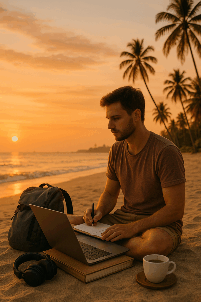 Nómada digital trabajando con su laptop y libreta en la playa al atardecer, rodeado de palmeras, una mochila, auriculares y una taza de café.