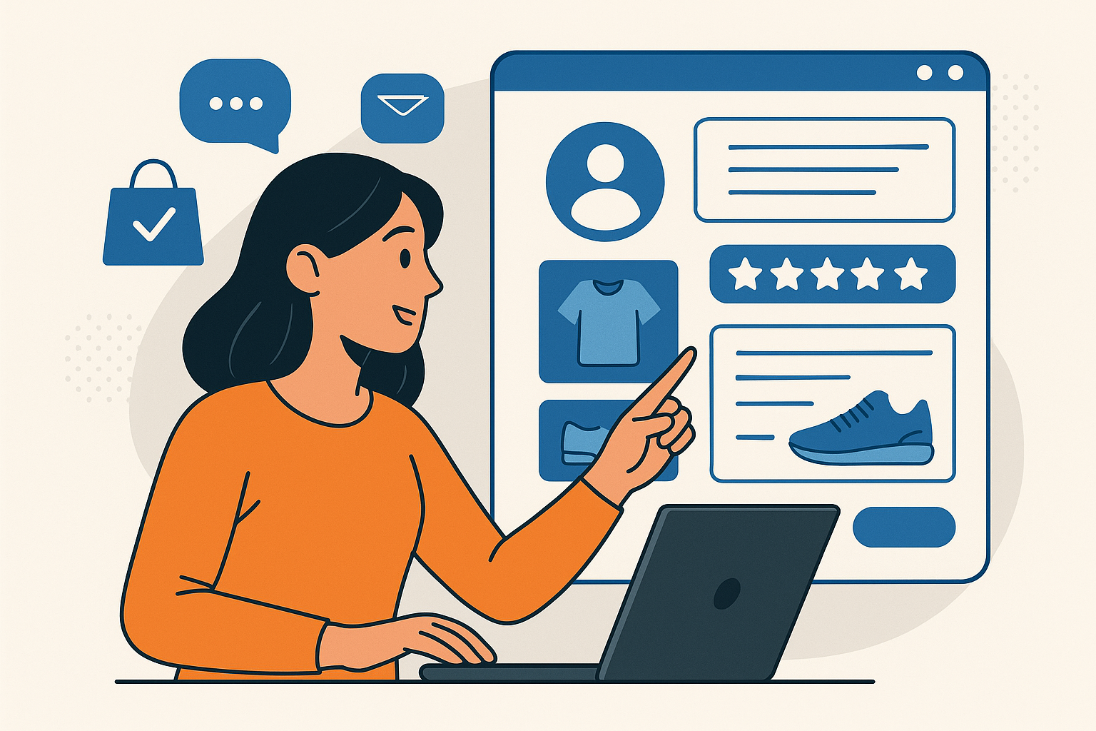 Mujer usando laptop interactúa con una interfaz personalizada en un sitio web, con recomendaciones de productos y valoración de usuario.