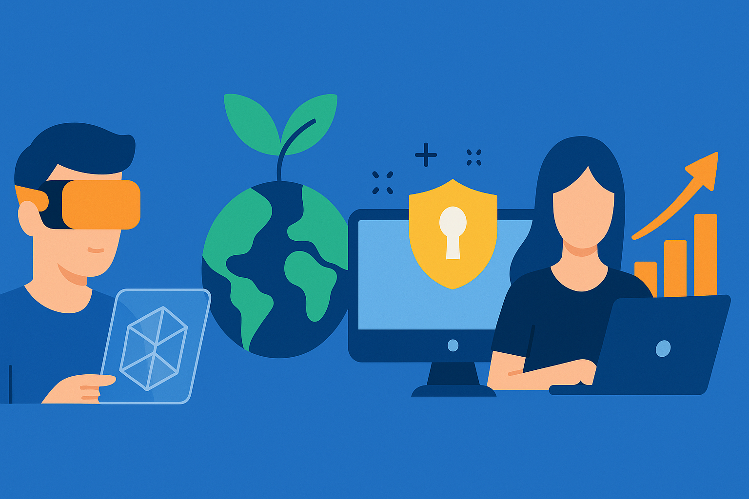 Ilustración conceptual de tendencias digitales con realidad virtual, sostenibilidad, ciberseguridad y crecimiento online.