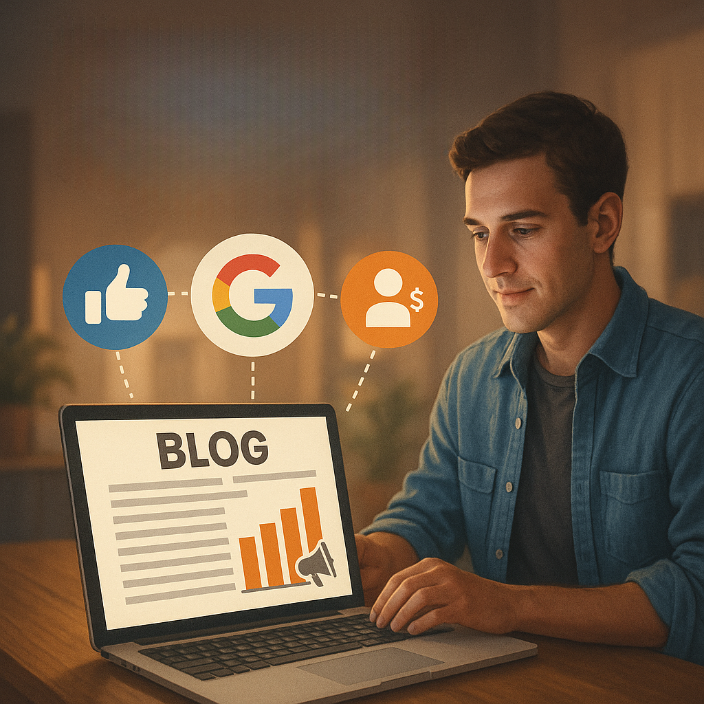 Hombre joven trabajando en su blog desde un entorno moderno, con íconos de redes sociales, Google y monetización flotando alrededor de su laptop.