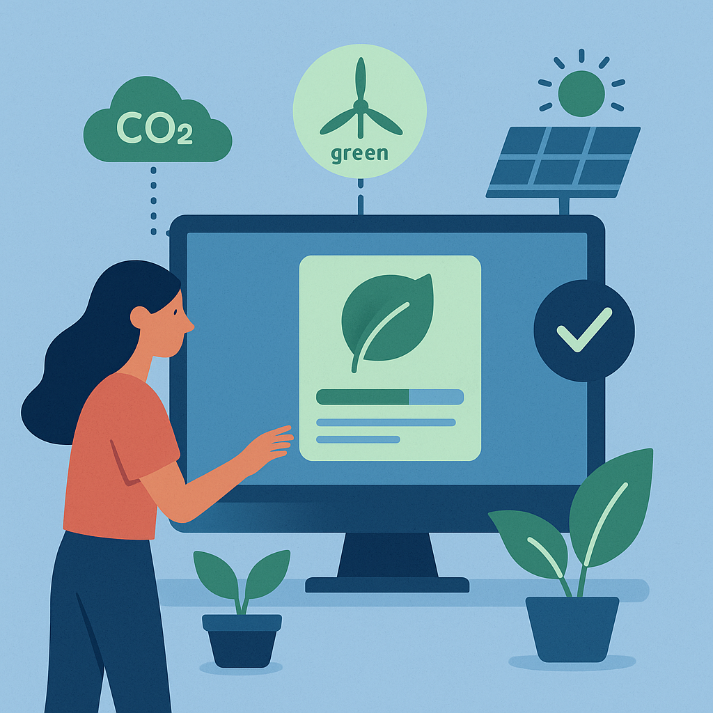 Mujer frente a un monitor con íconos de sostenibilidad digital como energía renovable, reducción de CO₂ y plantas verdes.