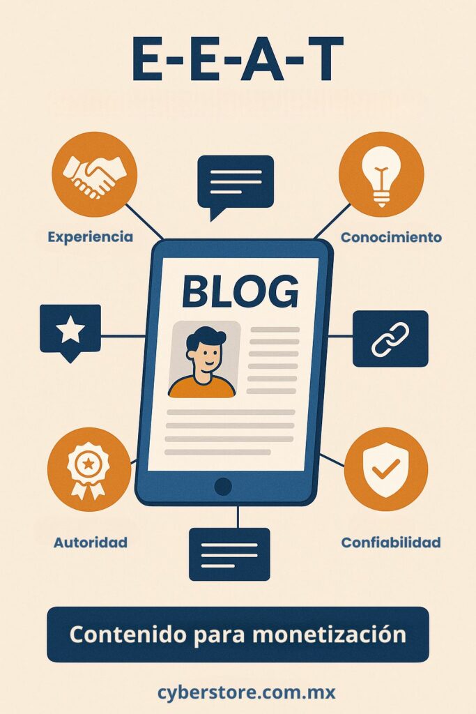 Infografía digital que representa los principios E-E-A-T aplicados al contenido de blogs: experiencia, expertise, autoridad y confianza.