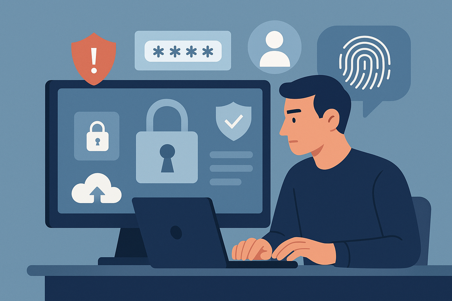 Hombre frente a una computadora con símbolos de ciberseguridad como candado, contraseña, huella digital y escudo de protección.