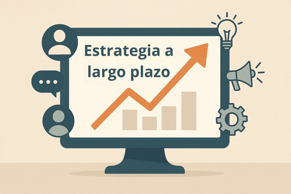 Ilustración digital de un monitor con la frase “Long-Term Strategy” y una flecha ascendente, rodeado de íconos de comunidad, marca personal, innovación y marketing.